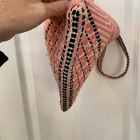 Vintage Handmade Crochet Embroidered Small Tote Handbag Pink Boho Market Bag - Picture 7 of 7